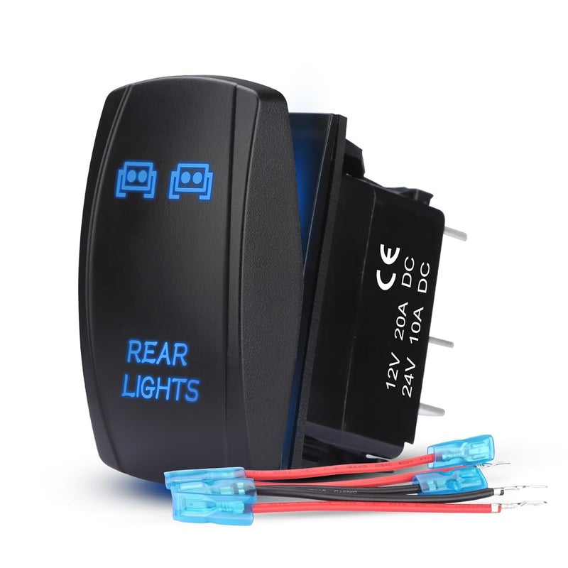 Weasch LED Rear Lights Rocker Switch, Laser On/Off SPST 5Pin Waterproof, 20A/12V 10A/24V, with Jumper Wires for Cars Trucks RVs Boat ATV UTV RZR, Blue - Image 1